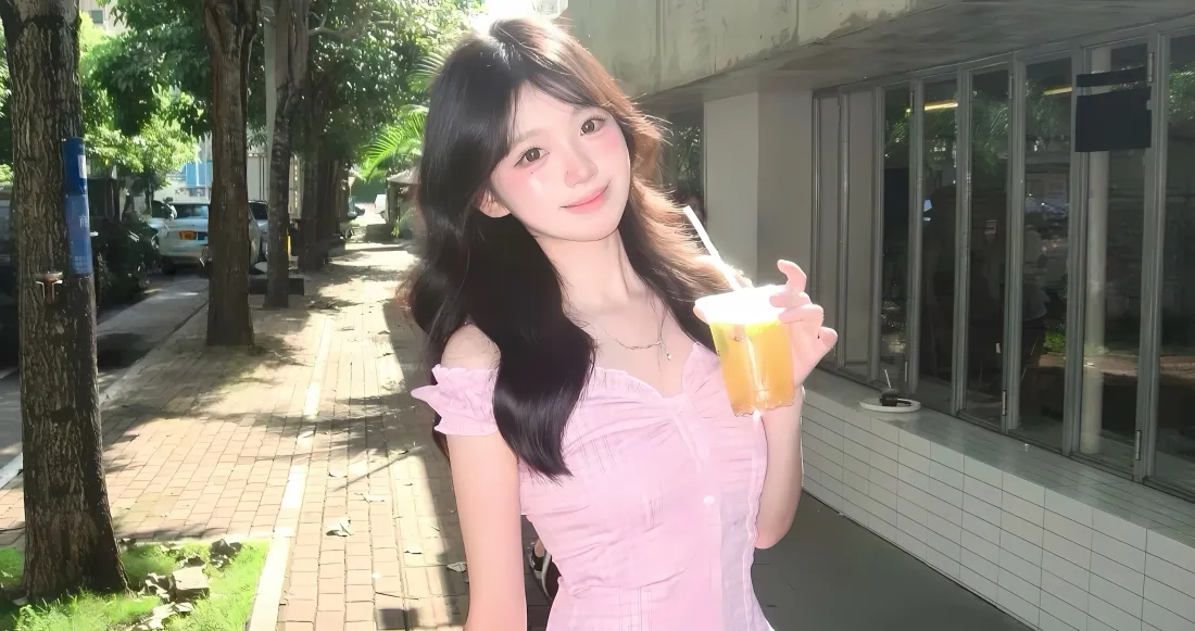 3k粉色连衣裙美女壁纸｜街道背景 - 阳光饮品「哲风壁纸」