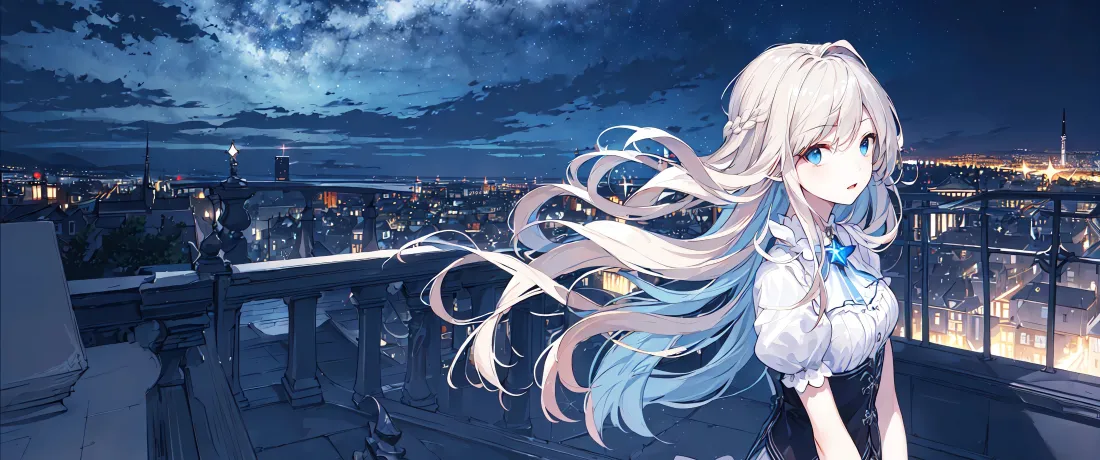 3k白发蓝发动漫女孩壁纸｜城市夜景背景 - 二次元「哲风壁纸」
