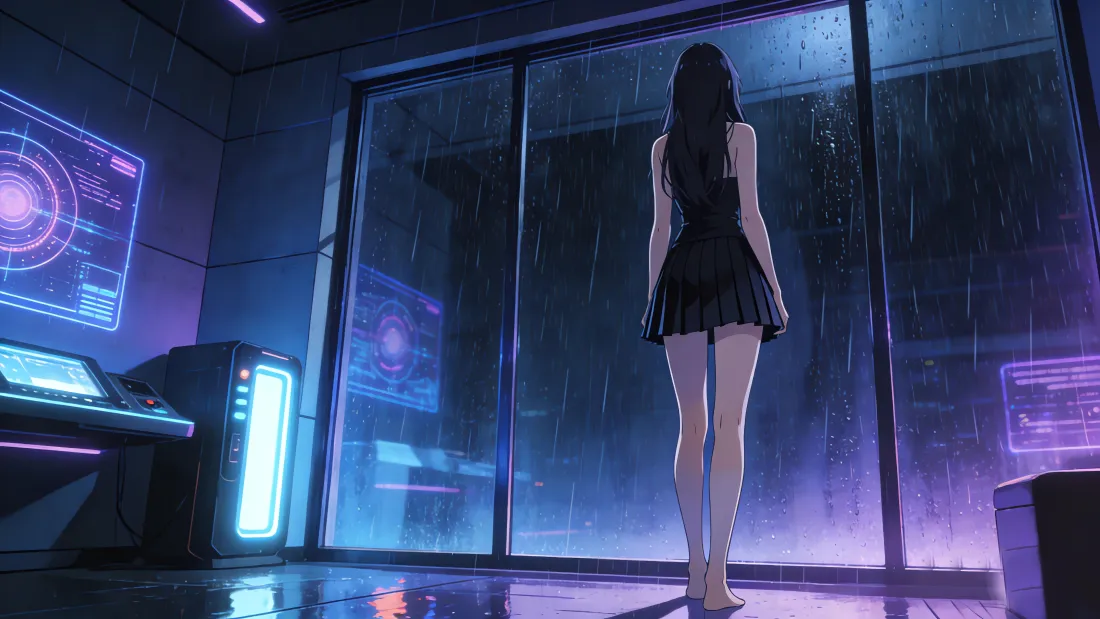 4k黑衣女性背影壁纸｜雨夜科技房间背景图片 - 科幻动漫「哲风壁纸」