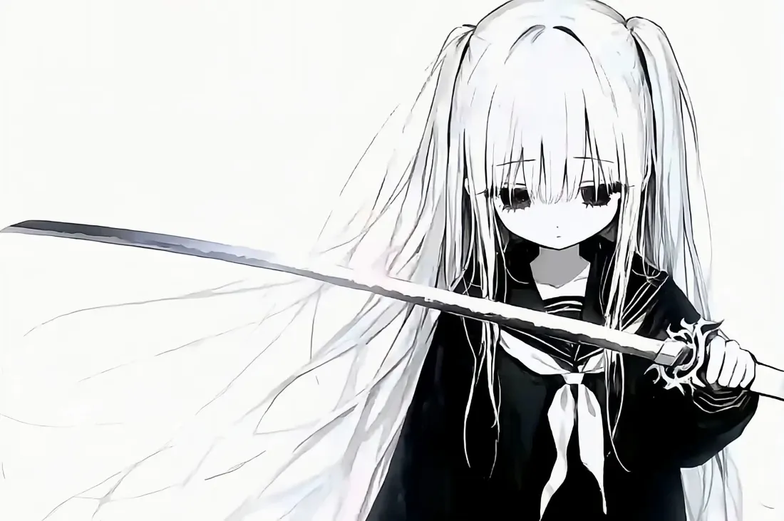 4k动漫女孩壁纸｜黑白背景图片 - 萌 剑 双马尾「哲风壁纸」