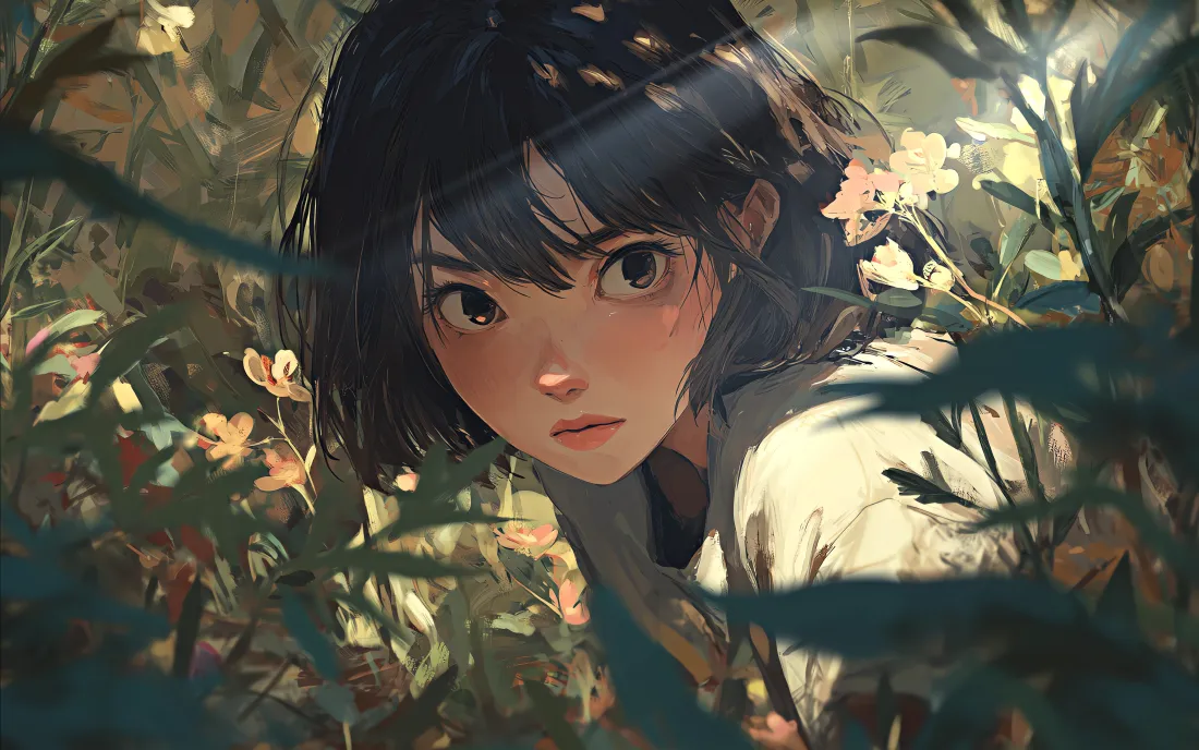4k短发女孩壁纸｜草丛背景图 - 4K动漫插画「哲风壁纸」
