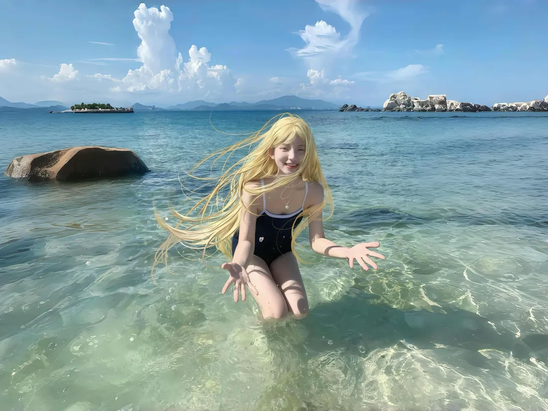 4k金发美女壁纸｜海边背景图片 - 黑色泳衣清澈海水「哲风壁纸」