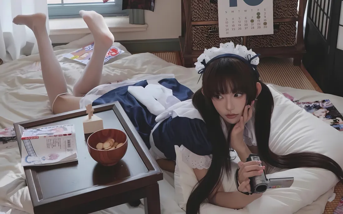 3k女仆装美女壁纸｜室内背景图片 - 卧床休闲「哲风壁纸」
