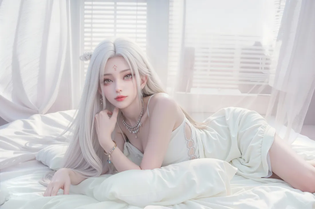 8k小白壁纸｜卧室背景图片 - 银发白衣柔美cosplay「哲风壁纸」