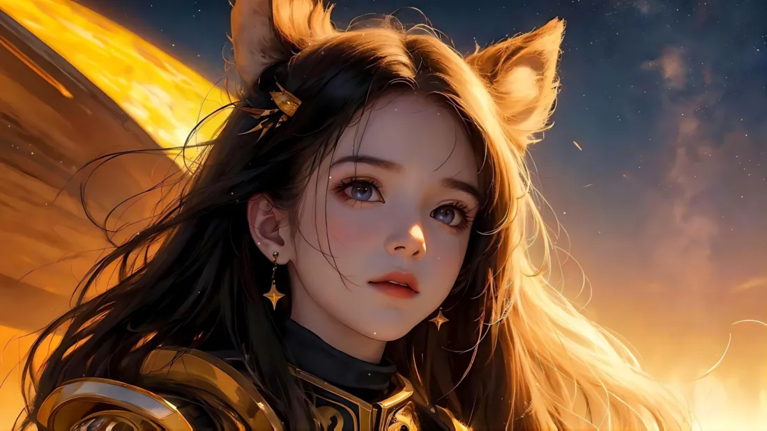 3k狐族少女壁纸｜金色盔甲背景 - 狐耳长发「哲风壁纸」