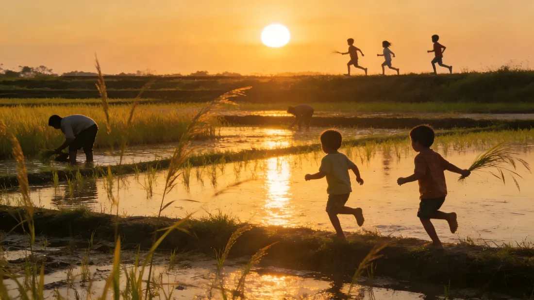 3k稻田落日壁纸｜乡村背景图片 - 儿童奔跑劳作「哲风壁纸」