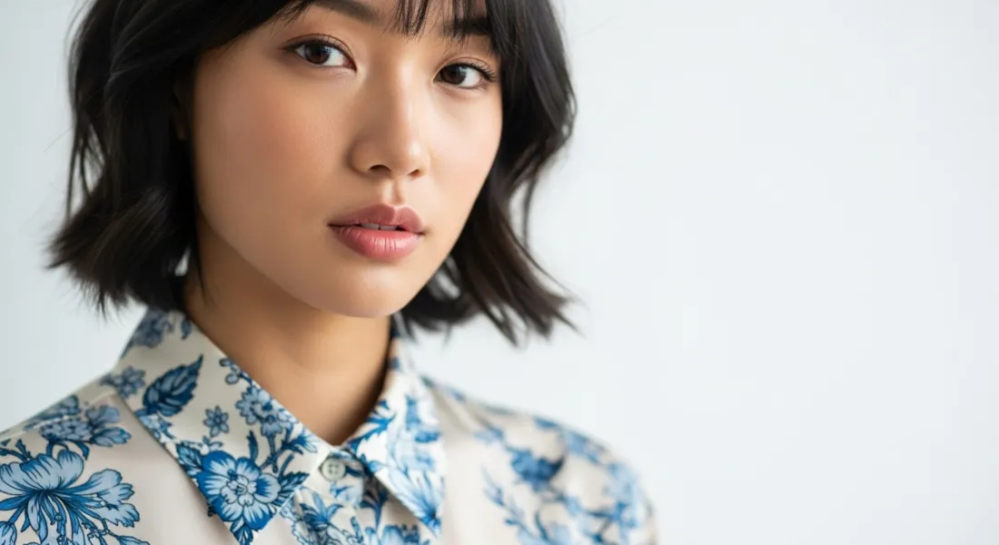 3k短发女性壁纸｜蓝白花纹衬衫背景图片 - 人像摄影「哲风壁纸」