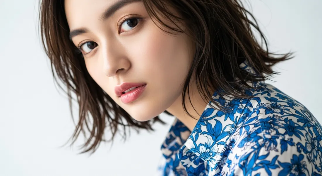 3k短发女性壁纸｜蓝白花纹背景图片 - 摄影写真「哲风壁纸」