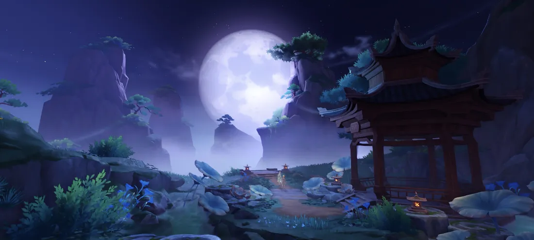 6k原神壁纸｜夜晚背景图片 - 中式建筑月亮「哲风壁纸」