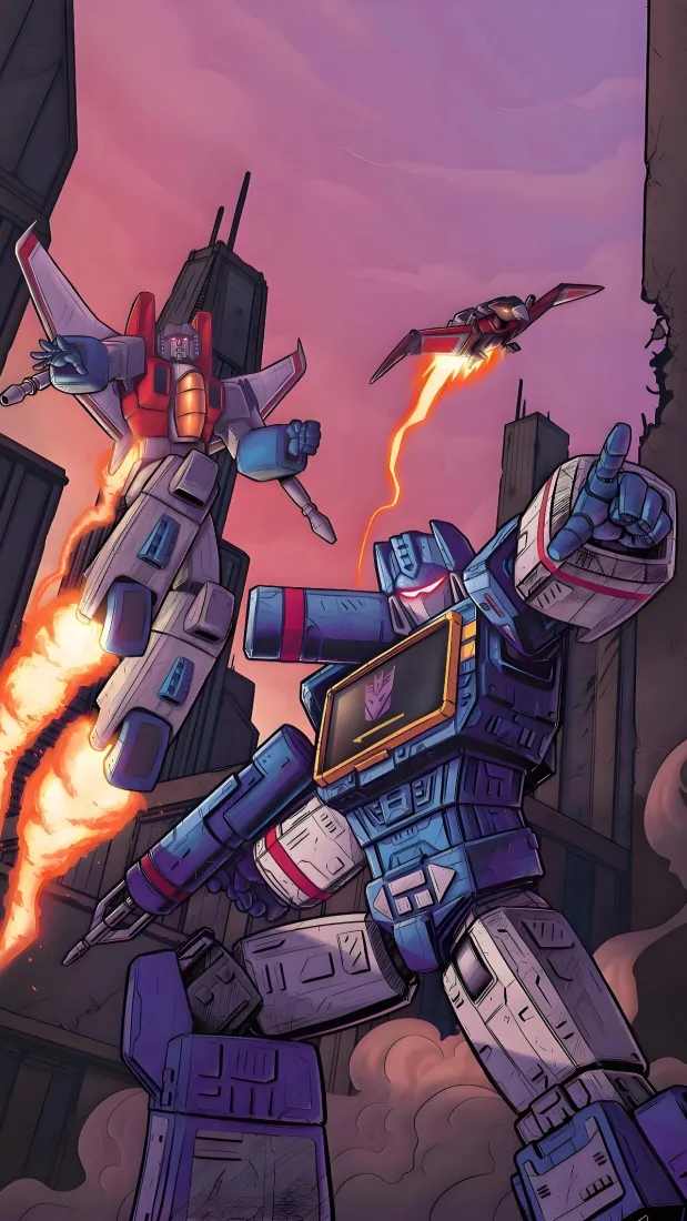 变形金刚G1手机壁纸｜废墟城市背景 - 声波红蜘蛛战斗「哲风壁纸」