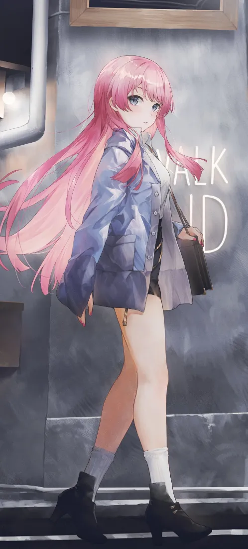 粉发少女手机壁纸｜建筑背景 - 二次元漫画「哲风壁纸」