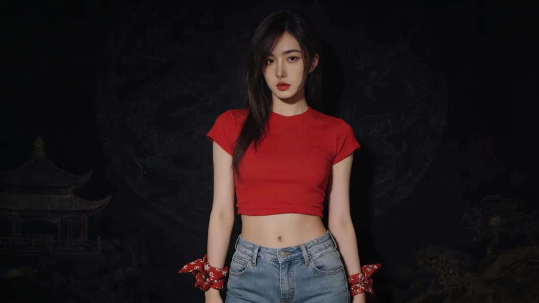 4k红衣美女壁纸｜纯黑背景图片 - 甜酷辣妹穿搭「哲风壁纸」
