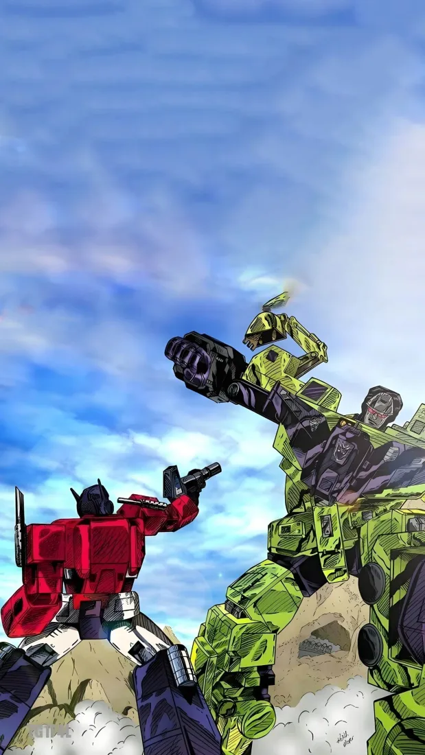 变形金刚手机壁纸｜蓝天白云背景图片 - 擎天柱对战大力神「哲风壁纸」