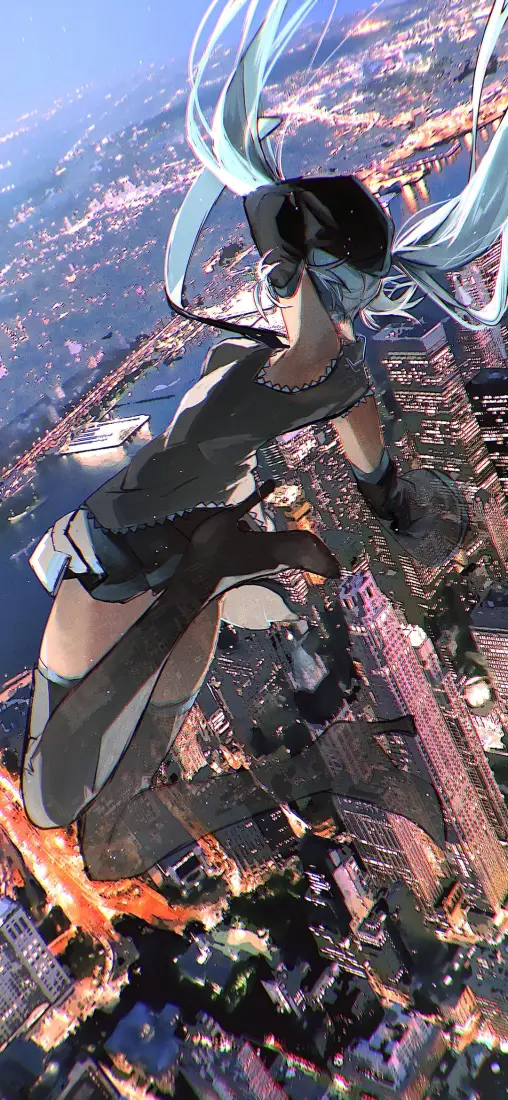 初音未来手机壁纸｜城市上空背景图片 - 蓝发少女「哲风壁纸」