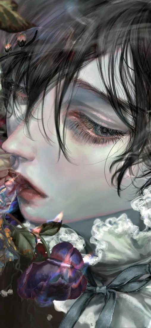 黑发少年手机壁纸｜繁花簇拥背景图片 - 红瞳侧颜「哲风壁纸」