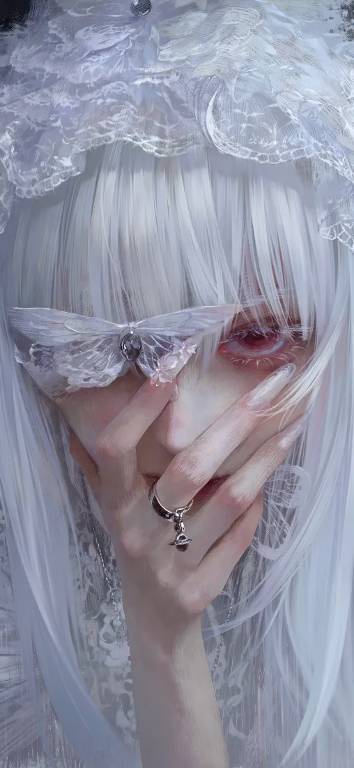 白发少女手机壁纸｜蕾丝蝴蝶眼罩背景图片 - 清冷氛围感「哲风壁纸」