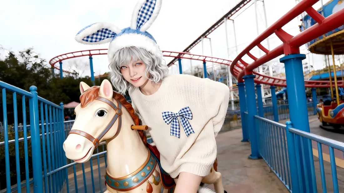 5k艾米莉壁纸｜游乐园背景图片 - 旋转木马少女「哲风壁纸」