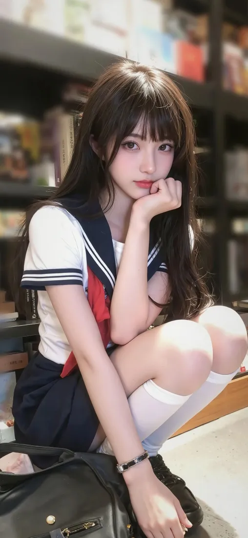 水手服清纯美女手机壁纸｜室内书架背景图片 - iOS专用「哲风壁纸」