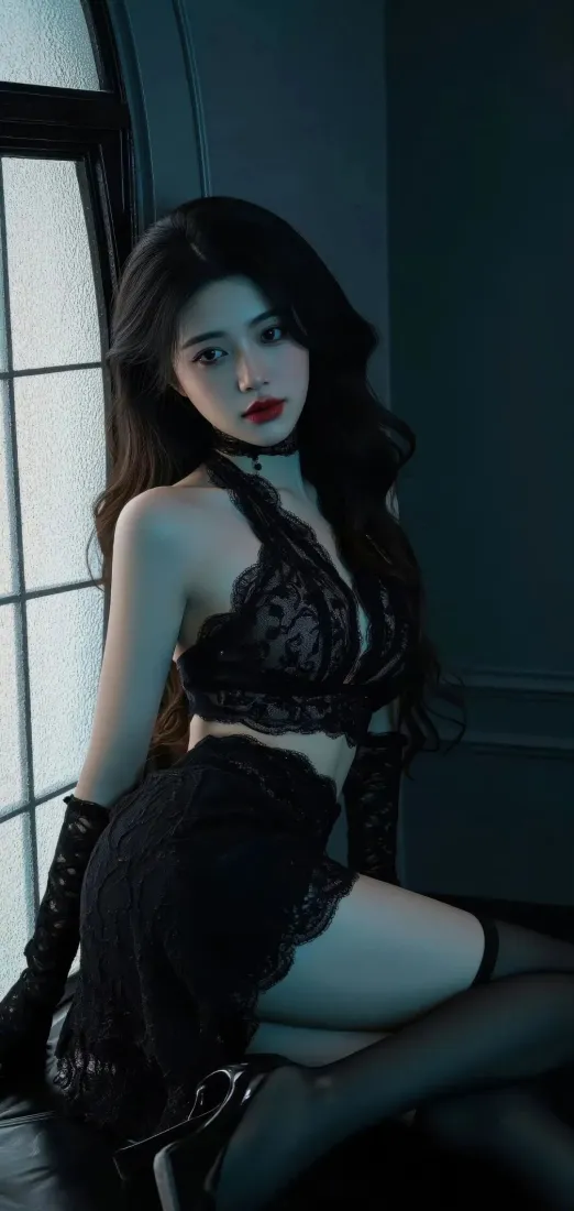 长发红唇美女手机壁纸｜暗黑室内背景图片 - 苹果IOS「哲风壁纸」