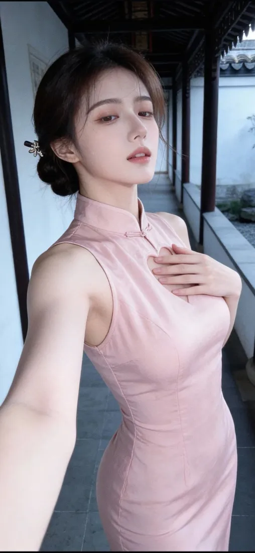 粉色旗袍美女手机壁纸｜中式回廊背景图片 - IOS「哲风壁纸」