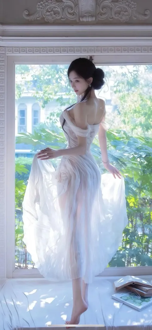 白裙露背美女手机壁纸｜窗边绿植背景图片 - IOS专属「哲风壁纸」