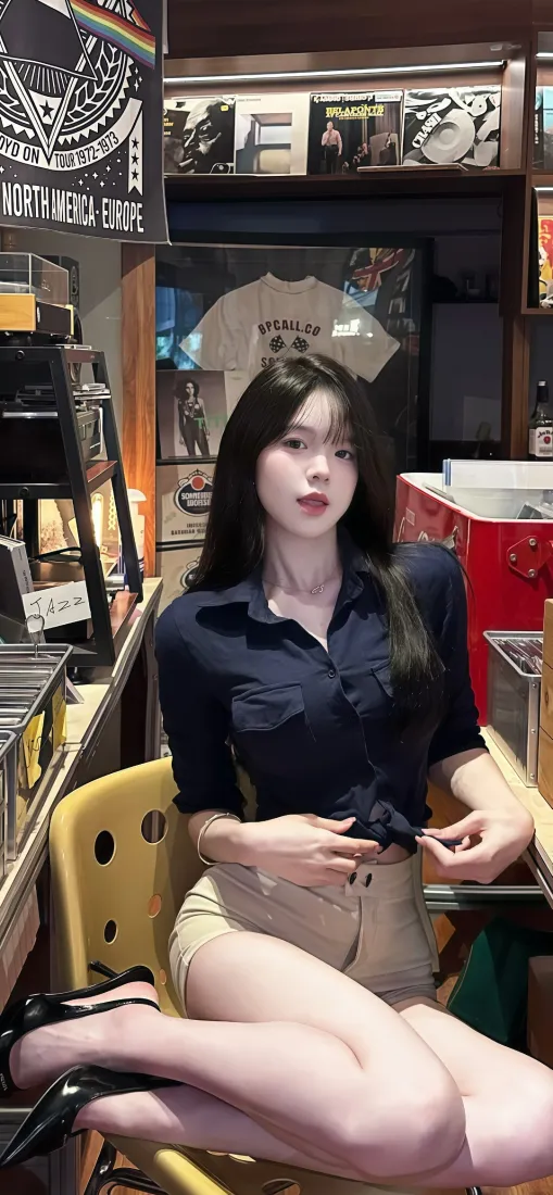 美女手机壁纸｜唱片店背景图片 - IOS风穿搭「哲风壁纸」