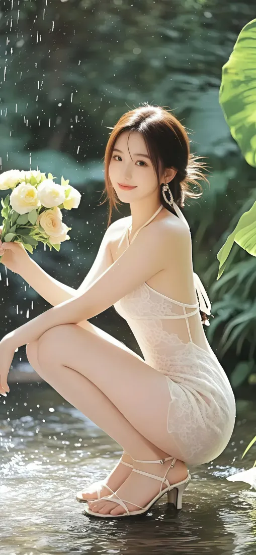 白裙美女手机壁纸｜雨天绿植背景图片 - Ios适配「哲风壁纸」