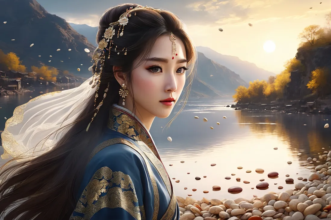 2k古装汉服美女壁纸｜河边日落背景图片 - 国风佳人「哲风壁纸」