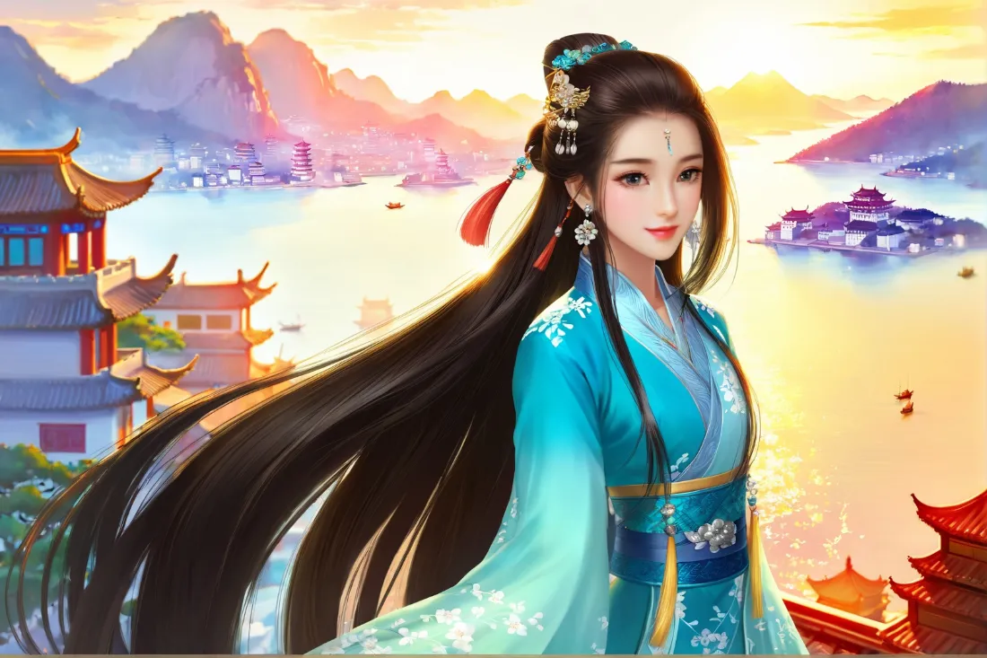 2k古装美女壁纸｜湖光山色背景图片 - 黄昏余晖「哲风壁纸」