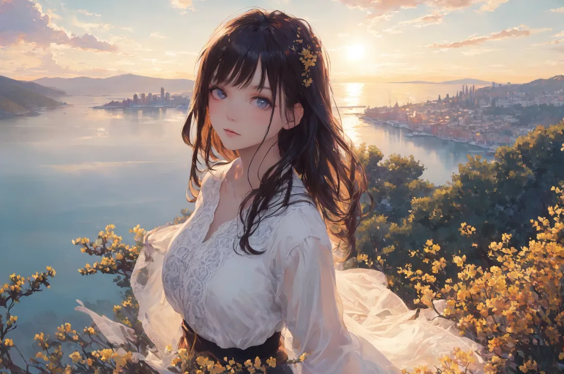 2k动漫少女壁纸｜港口日落背景图片 - 远眺风光「哲风壁纸」