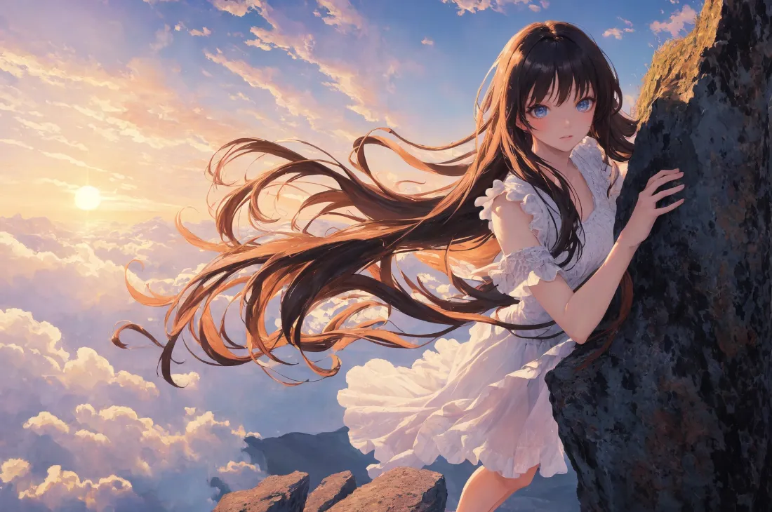 2k长发少女壁纸｜山巅云海日落背景图片 - 治愈微风氛围感「哲风壁纸」