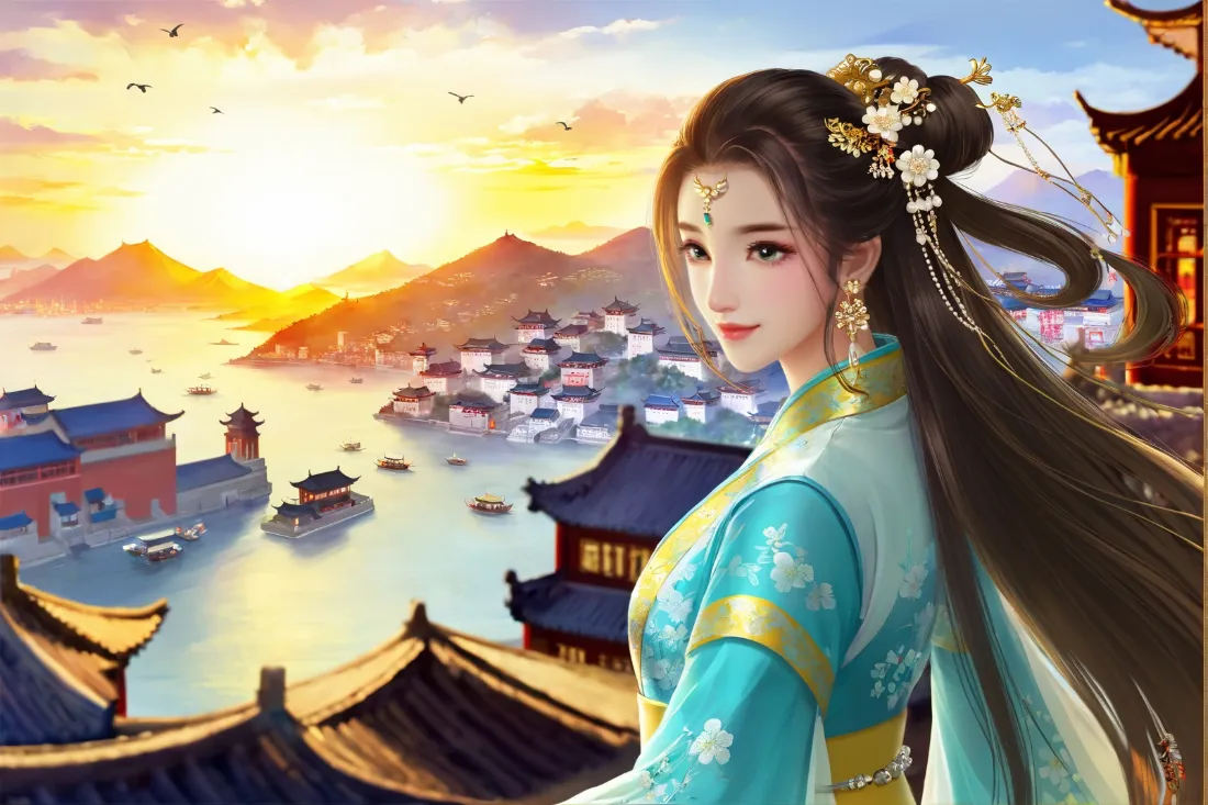 2k古装青衣美女壁纸｜港口落日背景图片 - 古风佳人「哲风壁纸」