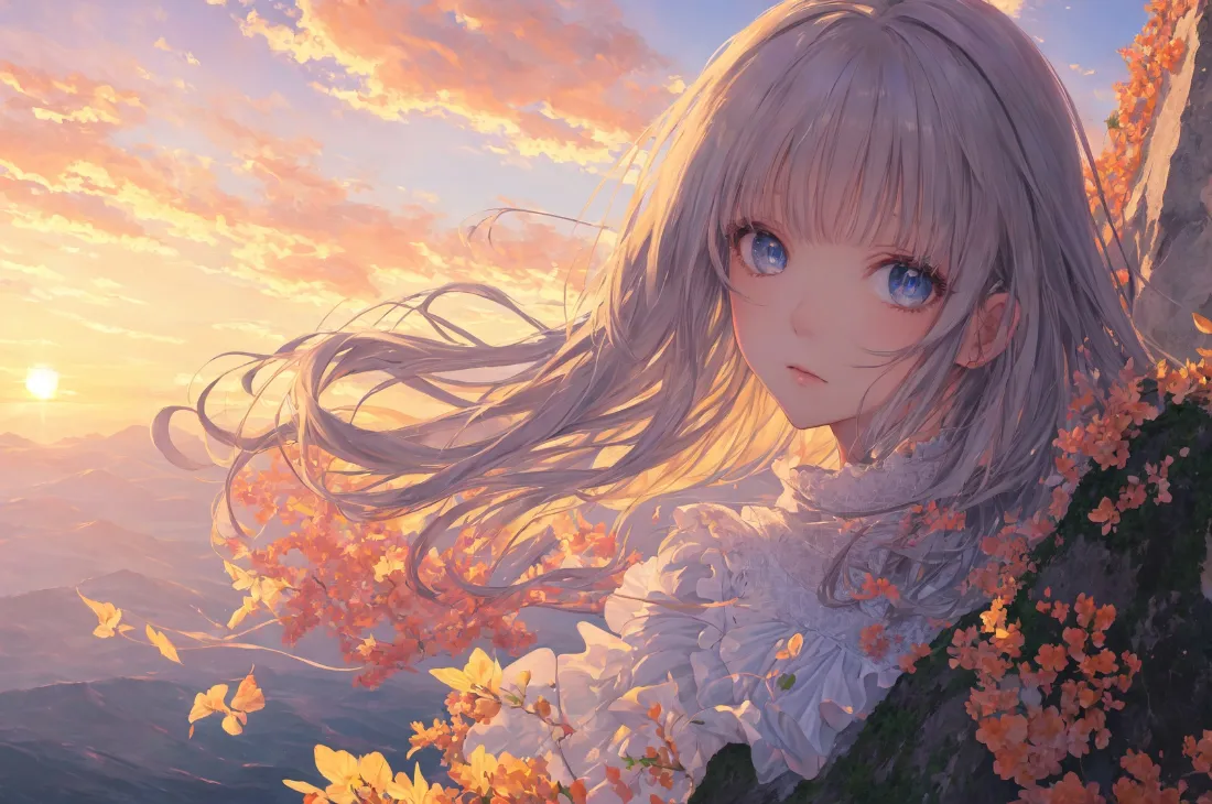 2k银发蓝眼少女壁纸｜晚霞背景图片 - 治愈回眸「哲风壁纸」