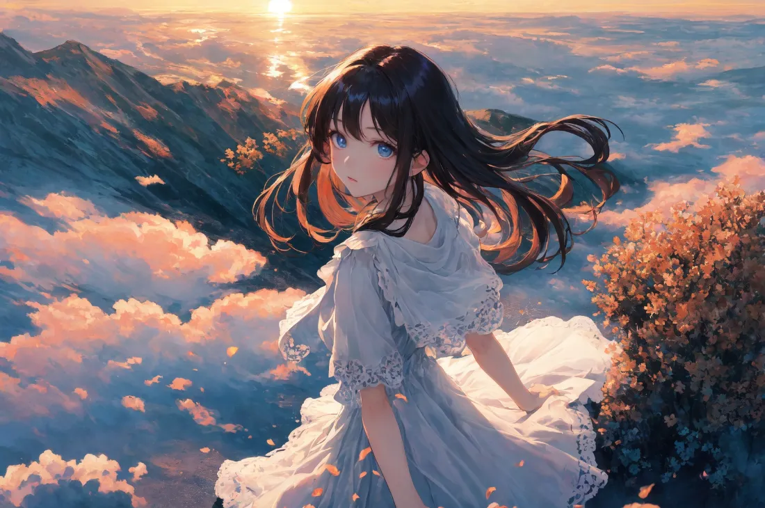 2k动漫少女壁纸｜云海日落山脉背景图片 - 山巅回眸「哲风壁纸」