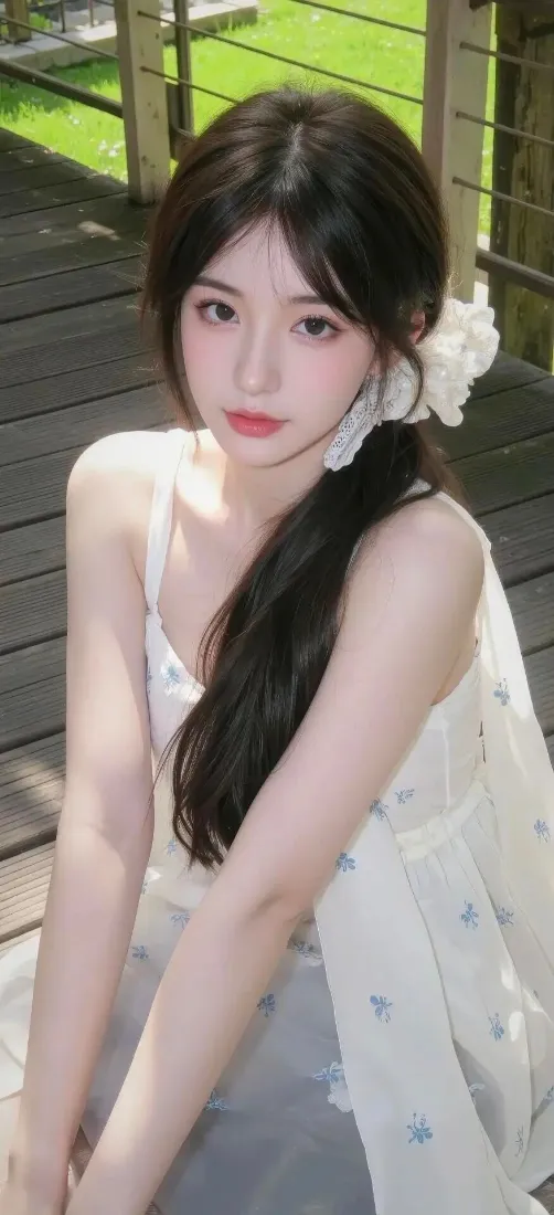 白裙美女手机壁纸｜户外露台背景图片 - IOS清纯风「哲风壁纸」