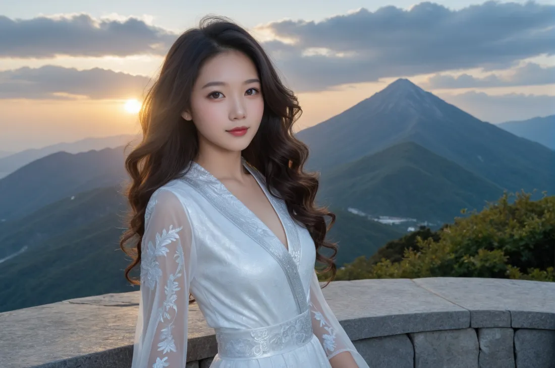 2k白裙美女壁纸｜山巅日落背景图片 - 回眸一笑「哲风壁纸」