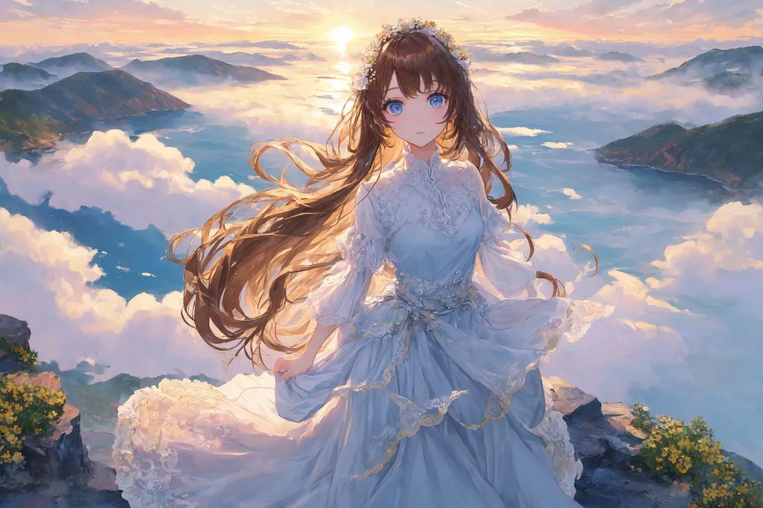 2k二次元少女壁纸｜云海山巅背景图片 - 日落氛围感「哲风壁纸」