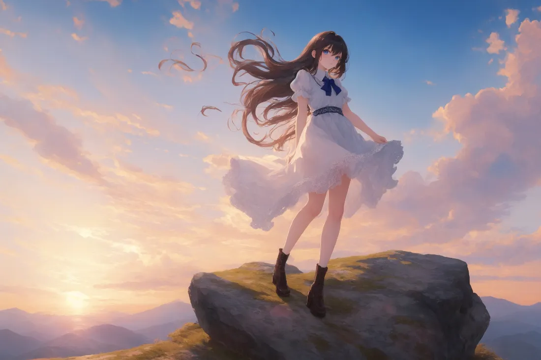 2k白裙少女壁纸｜山巅黄昏背景图片 - 清新治愈「哲风壁纸」