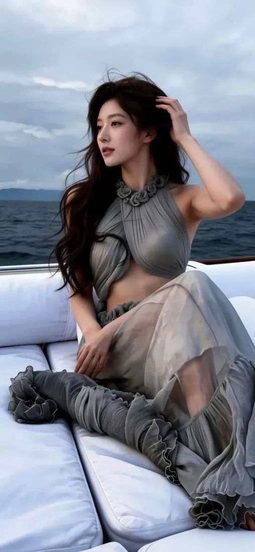 气质卷发美女手机壁纸｜海边游艇背景图片 - Ios「哲风壁纸」