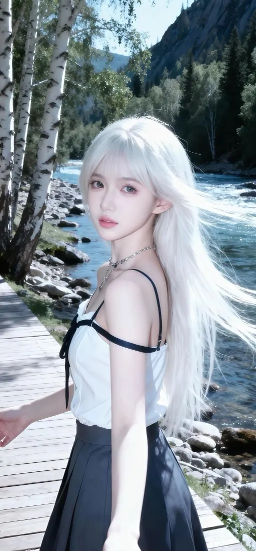 白发美女手机壁纸｜河畔林间背景图片 - Ios适用「哲风壁纸」