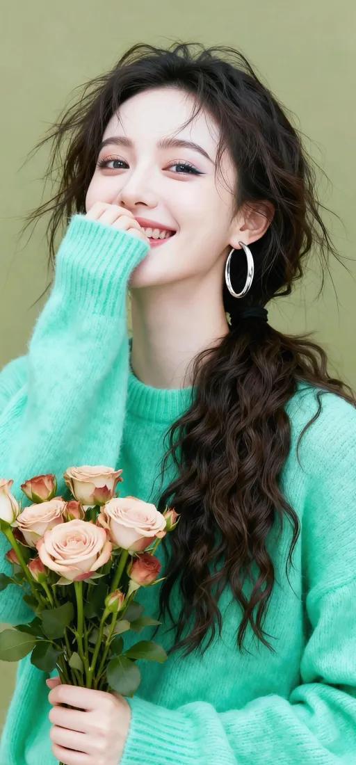 迪丽热巴手机壁纸｜浅绿背景图片 - 甜美羊毛卷写真「哲风壁纸」