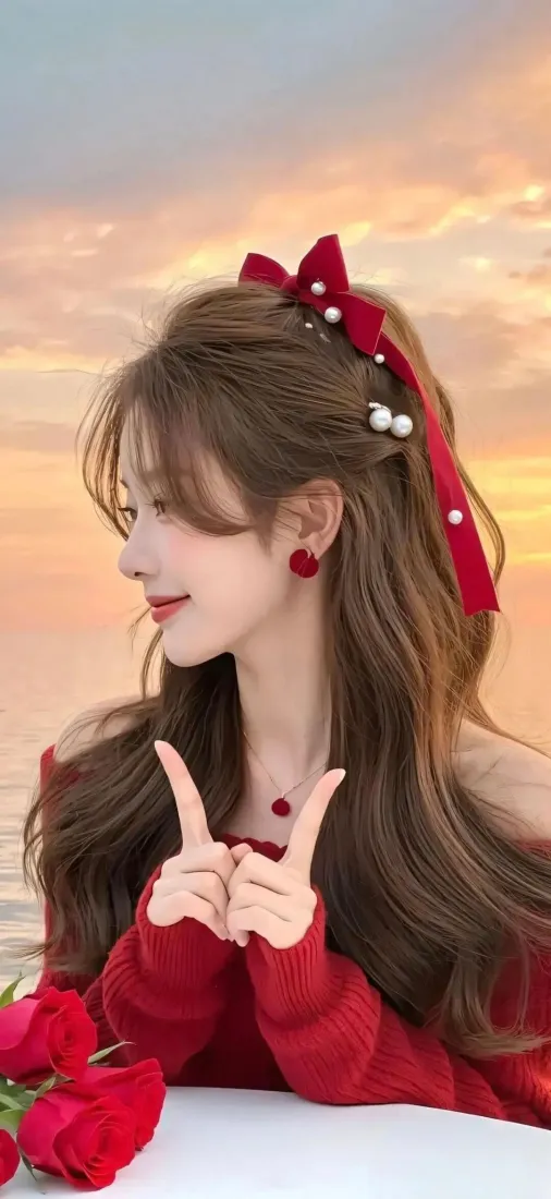 红衣美女手机壁纸｜海边日落背景图片 - IOS「哲风壁纸」