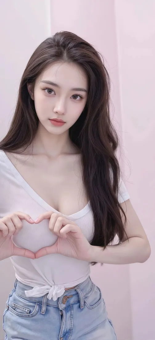 清纯长发美女手机壁纸｜浅粉背景图片 - 甜美比心「哲风壁纸」