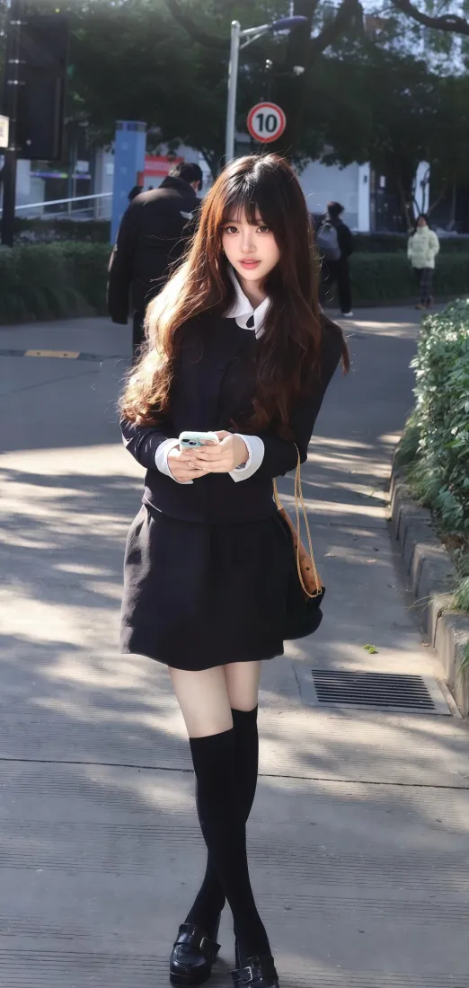黑色制服美女手机壁纸｜户外街道背景图片 - Ios专用「哲风壁纸」