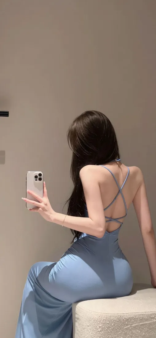 露背蓝裙美女手机壁纸｜简约室内背景图片 - IOS适用「哲风壁纸」