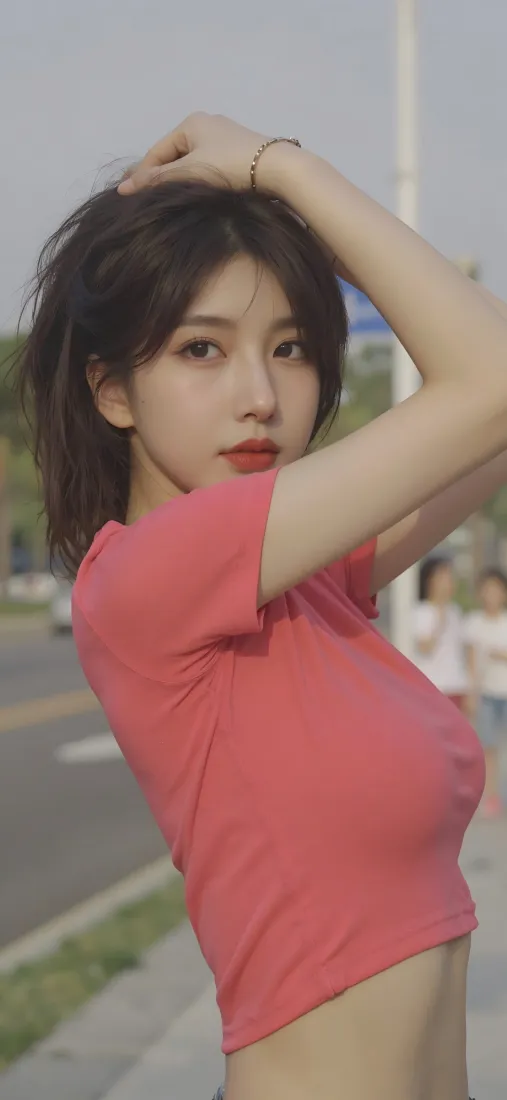 红衣美女手机壁纸｜户外街景背景图片 - iOS风格「哲风壁纸」