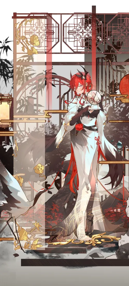 红发龙女手机壁纸｜中式屏风背景图片 - 水墨古风「哲风壁纸」