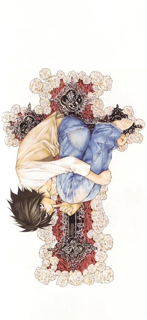 死亡笔记月L手机壁纸｜十字架花卉背景图片 - 日系手绘「哲风壁纸」