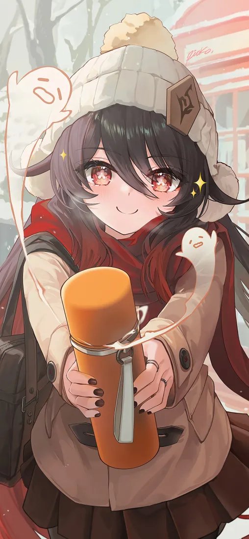 胡桃手机壁纸｜冬日街道背景图片 - 原神游戏角色「哲风壁纸」