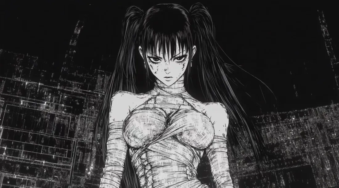 2k绷带少女壁纸｜废墟背景图片 - 暗黑双马尾动漫少女「哲风壁纸」